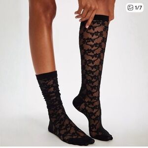 FREE PEOPLE Black Lace Knee High Socks Floral Sheer Slouchy NWT One Size Boho